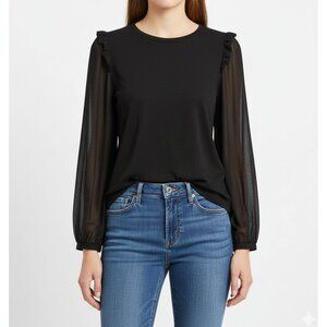 Les Serein Black‎ Sheer Sleeve Ruffle Trim Blouse – Women’s M